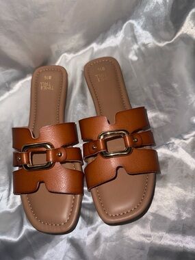 Time and Tru Brown Tan Slide Sandals with Gold Buckle